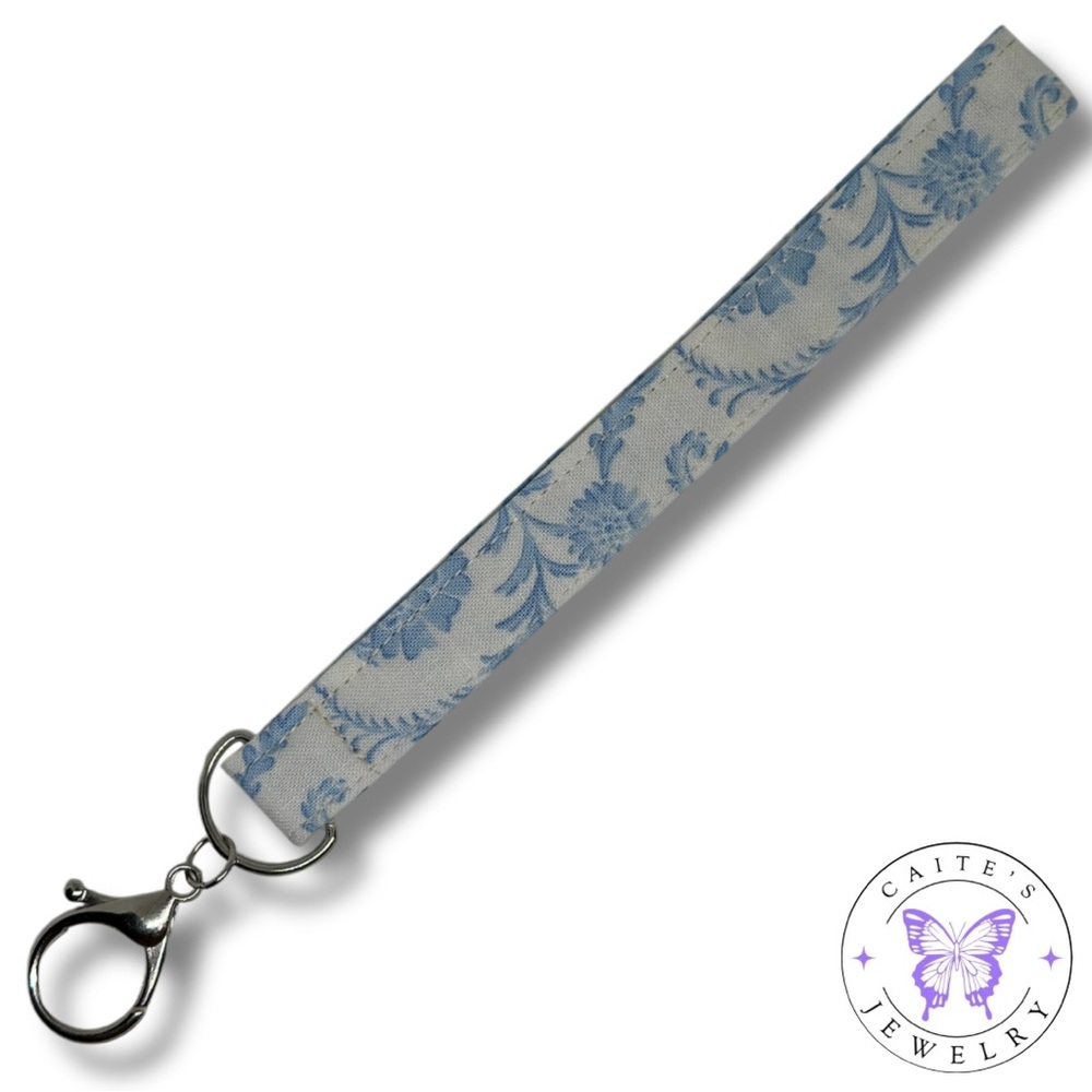 Handmade Silver Keychain with a Light Blue Chinoiserie Fabric